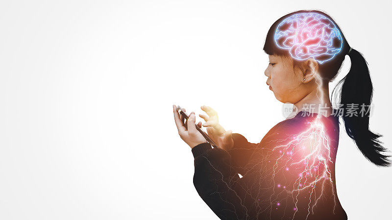 大脑与人工智能的概念，儿童的头和大脑。人工智能、AI技术、思维过程与心理学、数字大脑Junior组成的无线连接、