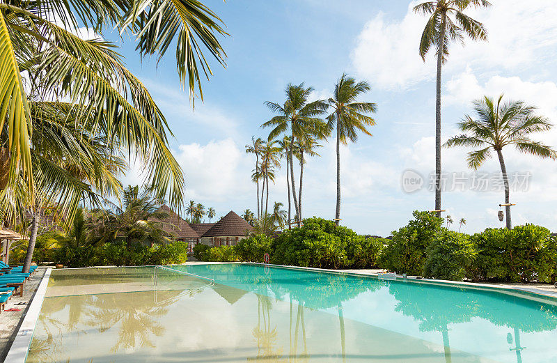 马尔代夫游泳池在热带岛屿度假酒店的棕榈树海滩