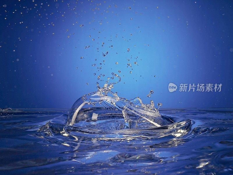 水滴飞溅的特写。蓝色背景