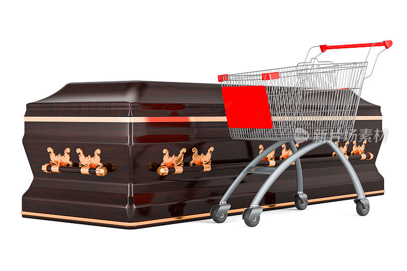带购物车的木棺材，3D渲染