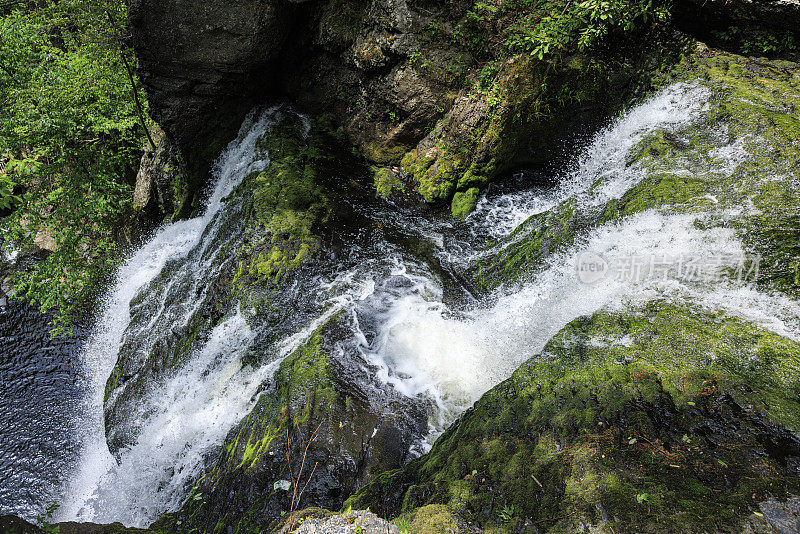 在宾夕法尼亚州的布什基尔瀑布森林里，瀑布倾泻而下，溅起水花