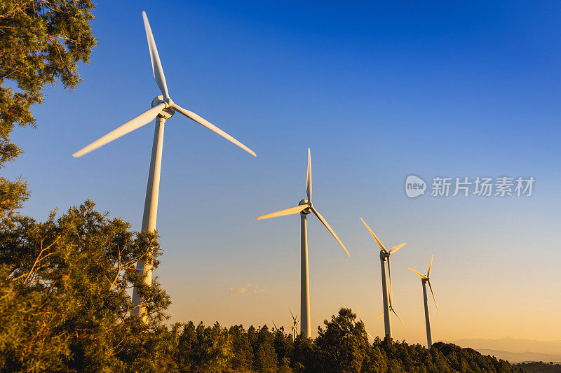 风力发电场日落的景色。可持续发展、环保、可再生能源理念。