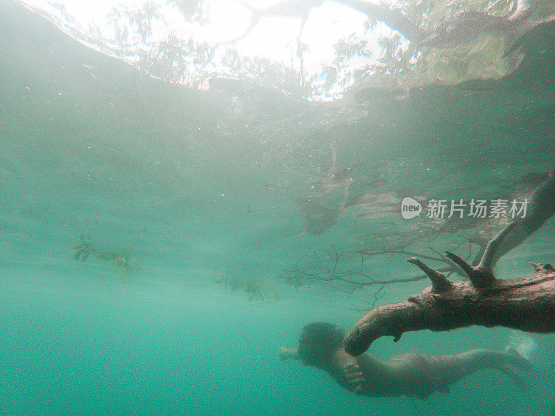 男子潜入热带天然井，水下拍摄