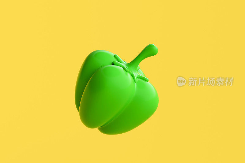 黄色背景上的青椒3D渲染。