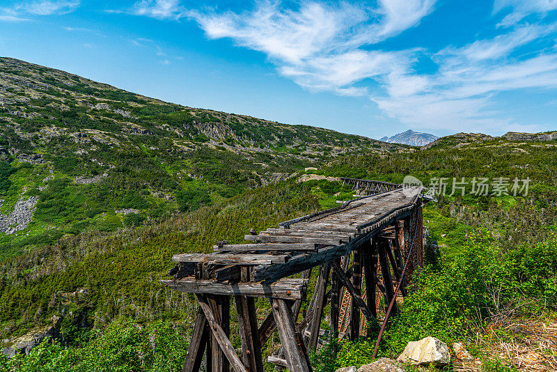 倒塌和废弃的桥梁，白口山顶游览火车在山区，阿拉斯加，美国。