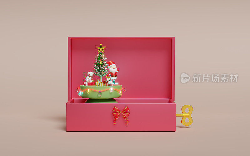 3d音乐盒有圣诞老人舞蹈，雪人，鹿，礼盒，玻璃透明灯花环。圣诞快乐，新年快乐