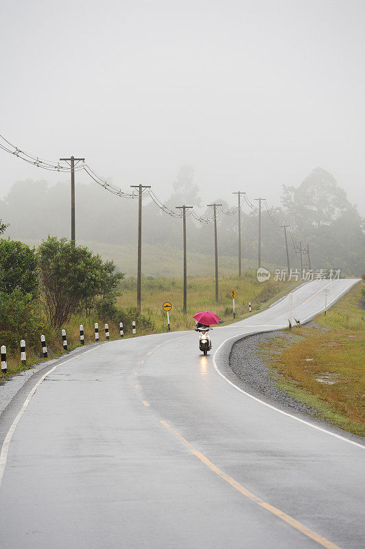 山路在雨中。