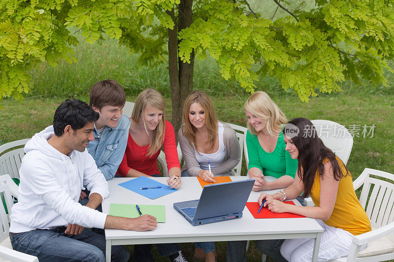 一群年轻人在户外看笔记本电脑