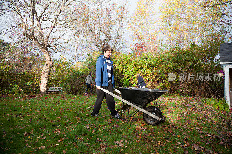 十几岁的孩子们帮忙清理后院的落叶