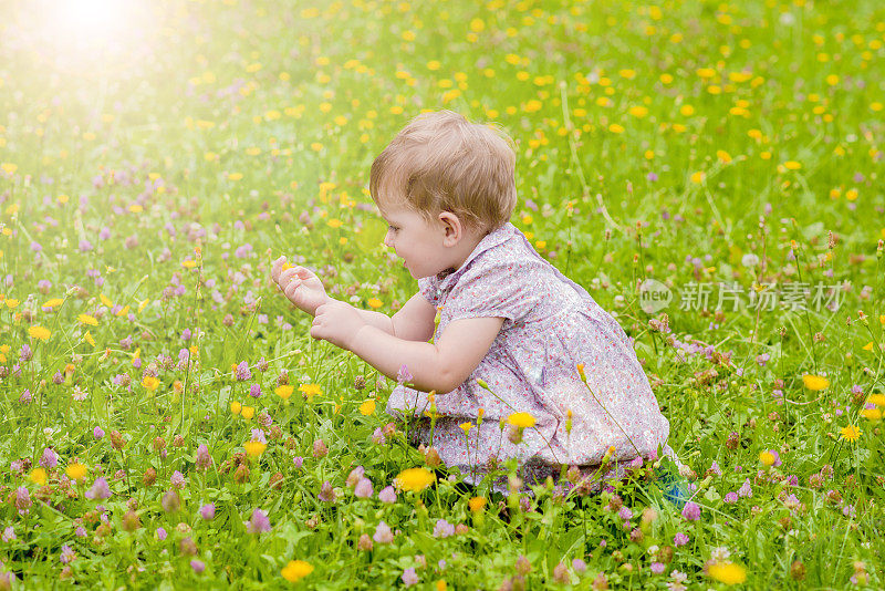小女孩微笑着在田野里探索黄花