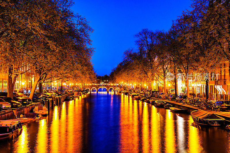 阿姆斯特丹城市景象夜间水渠