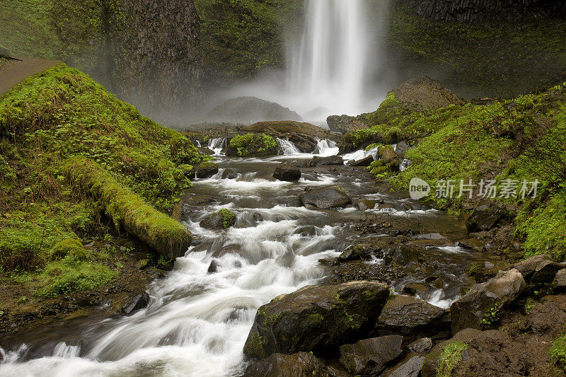 水流过苔藓覆盖的岩石与瀑布的背景