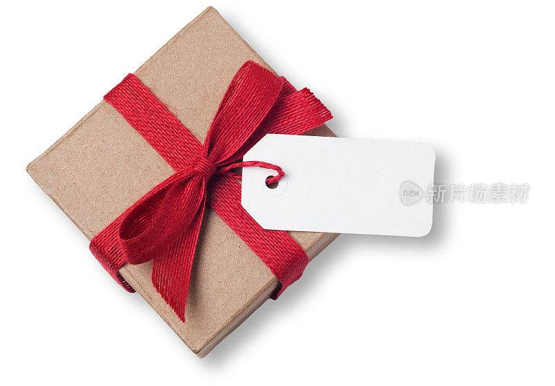 棕色礼盒与空白白色礼品标签