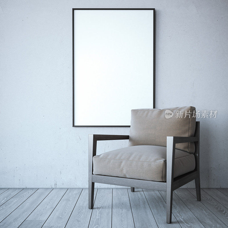 空白的白色框架与椅子在明亮的内部。