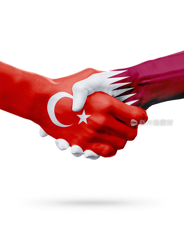 国旗土耳其共和国，卡塔尔国家，伙伴友谊握手的概念。