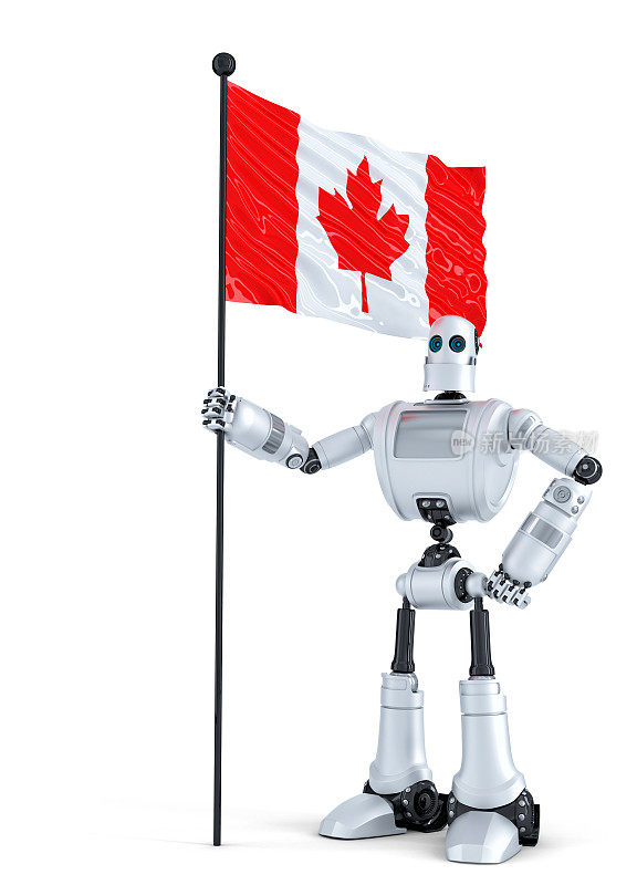 手持加拿大国旗的机器人。孤立。包含剪切路径