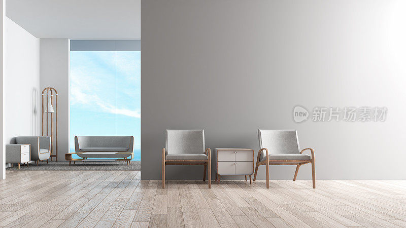 现代室内客厅木地板配沙发套。客厅前的坐椅，夏日海景3d渲染