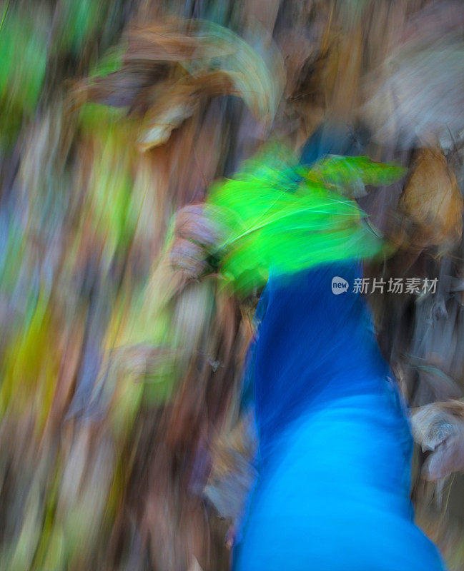 抽象艺术模糊的腿踢一堆树叶的形象