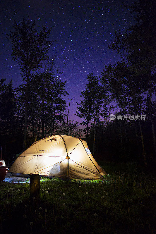 帐篷和夜间森林