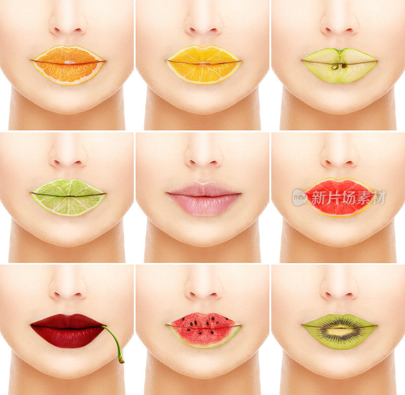 女人的嘴唇涂着水果色的唇彩。