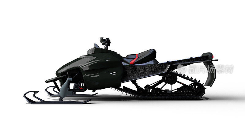雪地摩托，机动雪橇车辆，雪上喷气滑雪孤立在白色背景，侧视图，3D渲染
