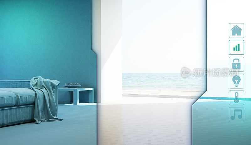 海景客厅的豪华夏季海滩别墅与应用图标在智能家居概念。