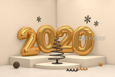 2020年气球3D新年，圣诞概念平台，Podiım