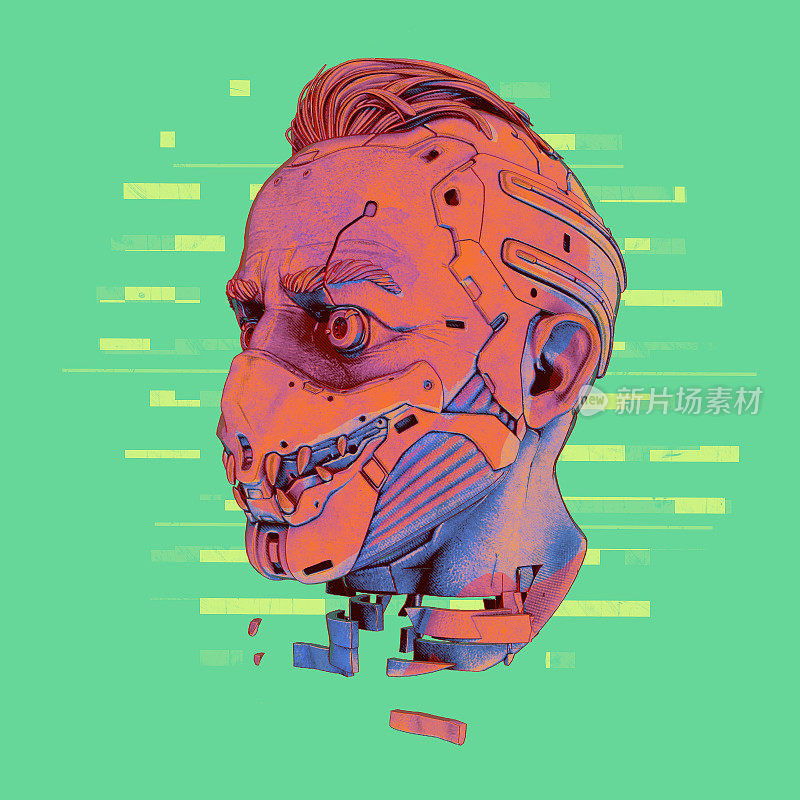 超现实手绘数字插图的半机械人头在未来可怕的面具与牙齿。