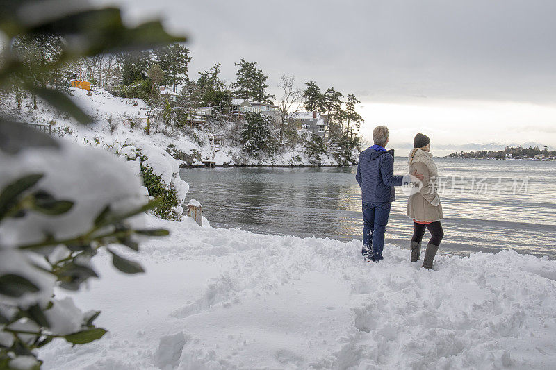 一对夫妇站在白雪皑皑的海滩上望着海港对岸