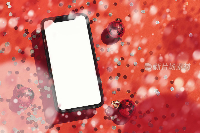 智能手机模型，模板在红色背景和五彩纸屑雨