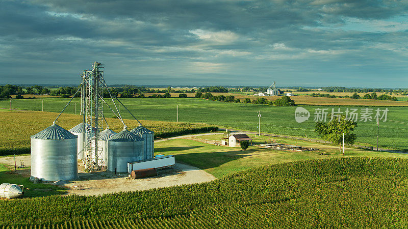 在俄亥俄州被玉米包围的农场建筑鸟瞰图