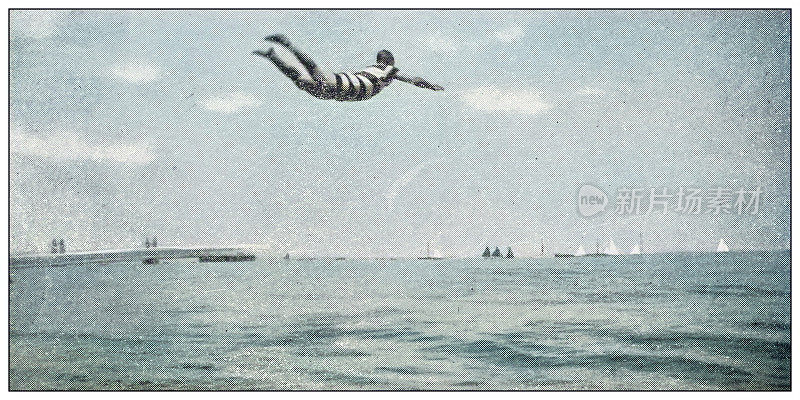 19世纪运动、运动员和休闲活动的古董彩色照片:跳板跳水