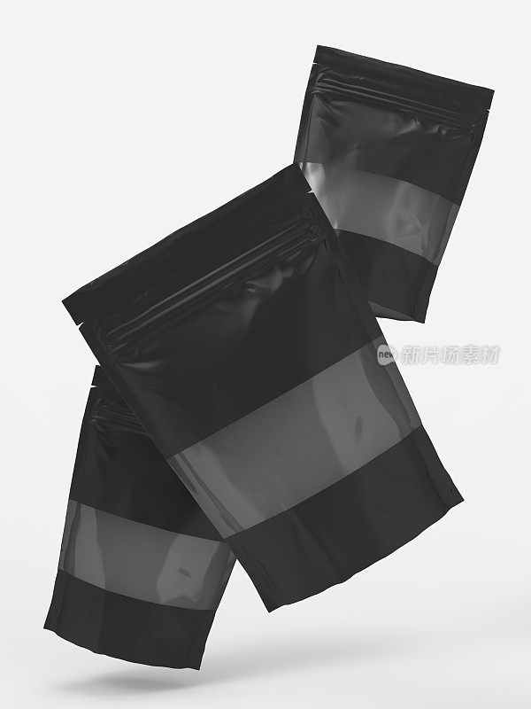 黑色纸doypack站起来的包装袋与拉链上的白色背景与清楚的窗口