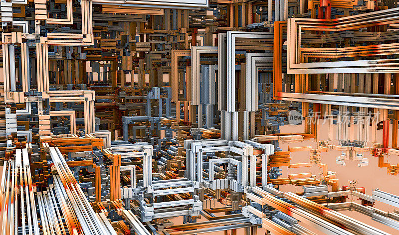 一个美丽的无限数学曼德尔布罗特集分形未来金属结构的3D插图