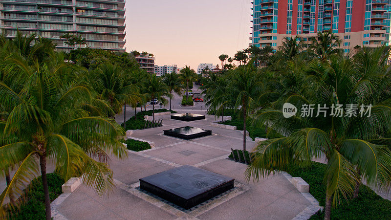 无人机拍摄的佛罗里达州迈阿密海滩公园喷泉
