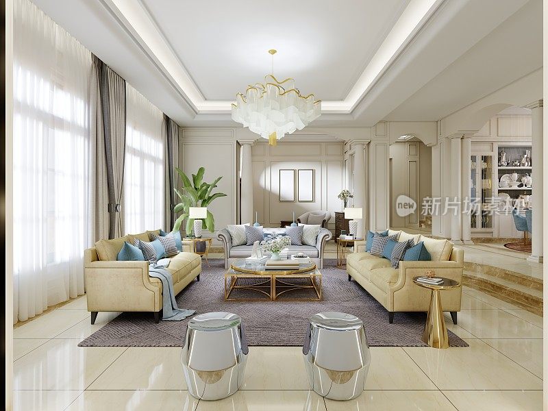 美丽的室内米色调与黄色软垫家具和金色的边桌装饰。