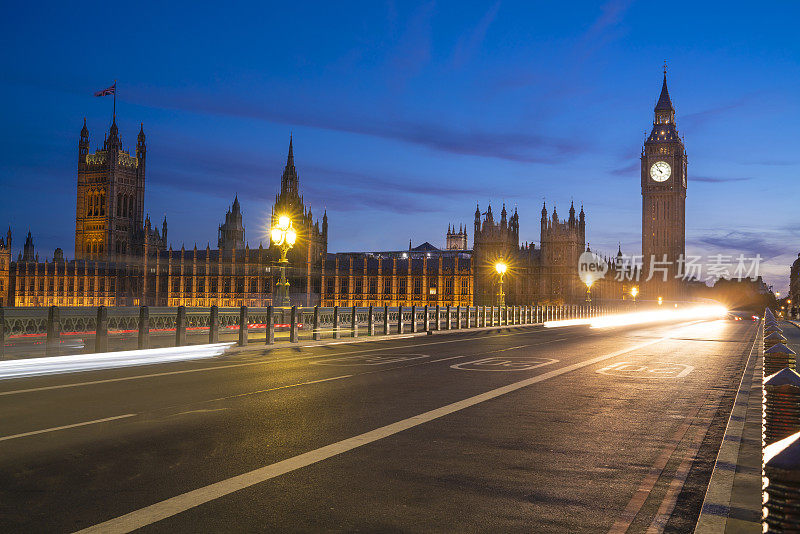 英国威斯敏斯特桥上的大本钟和议会大厦在夕阳的照耀下