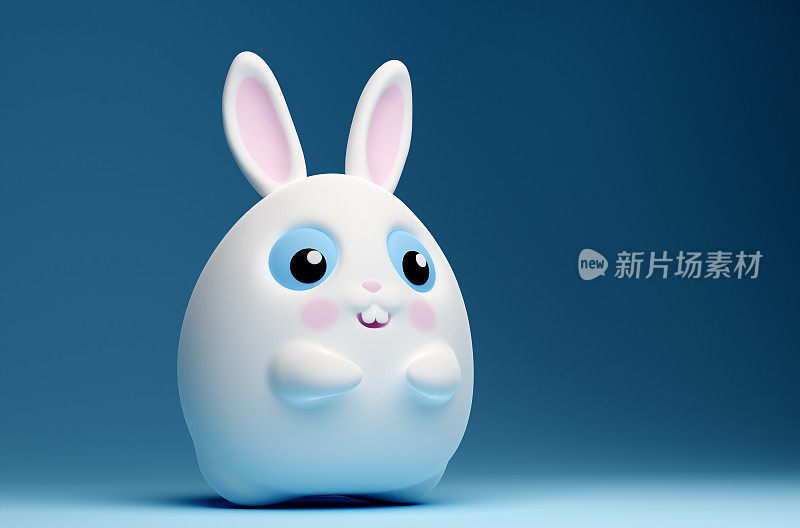 3d复活节快乐横幅上有可爱的小白兔和大大的蓝眼睛