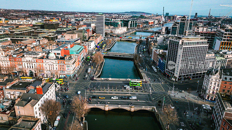 都柏林爱尔兰利菲河和市中心鸟瞰图，都柏林天际线和塞缪尔·贝克特桥鸟瞰图，爱尔兰都柏林城鸟瞰图