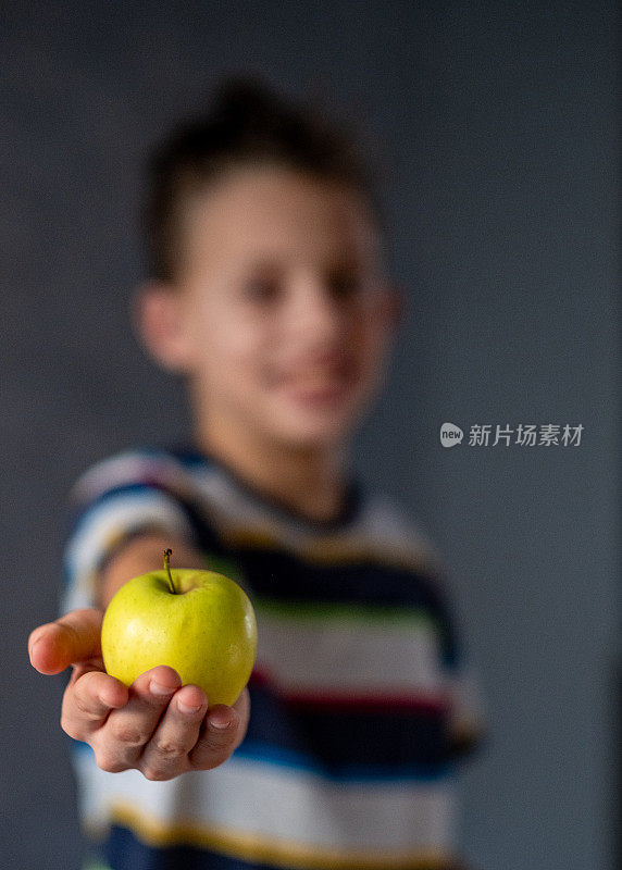 一个拿着苹果的男孩的肖像