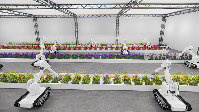 机器人手臂仓库在室内种植花卉，高效栽培。