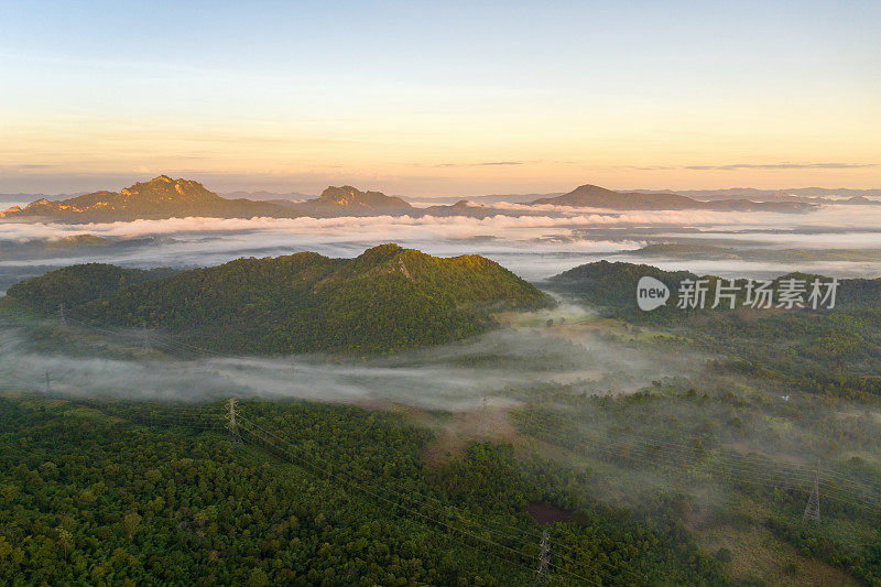 清晨的风景，金色的光线，日出，雾气笼罩着森林。