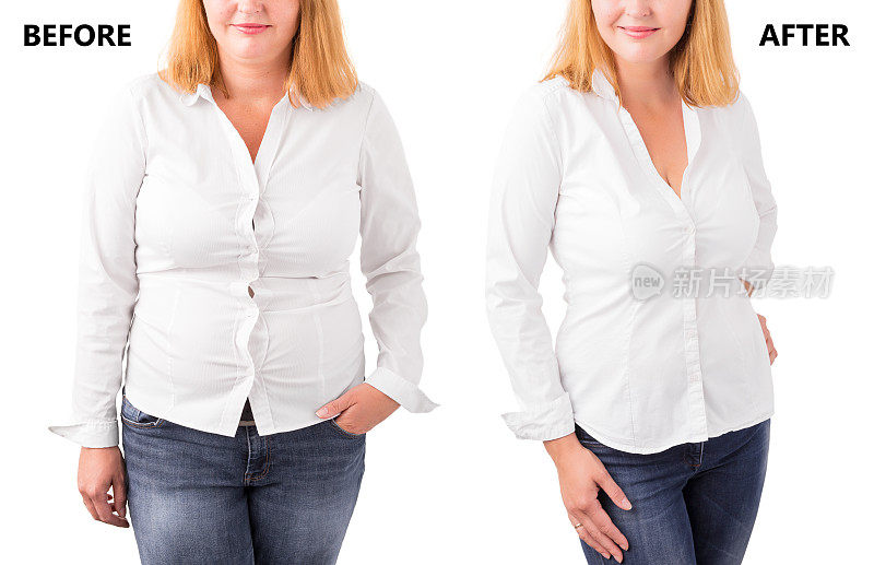 女人在成功节食前后摆姿势