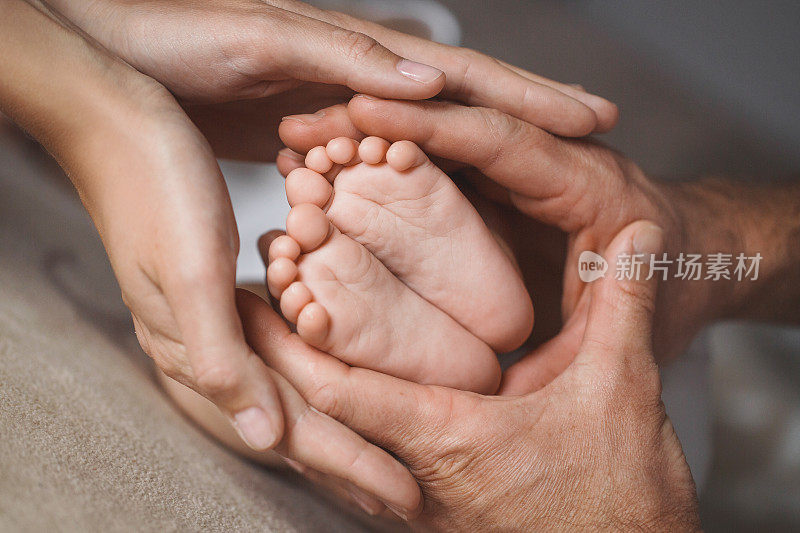 孩子的脚在母亲和父亲的手中。