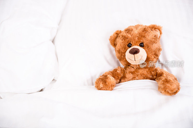 泰迪熊在床上盖着毯子