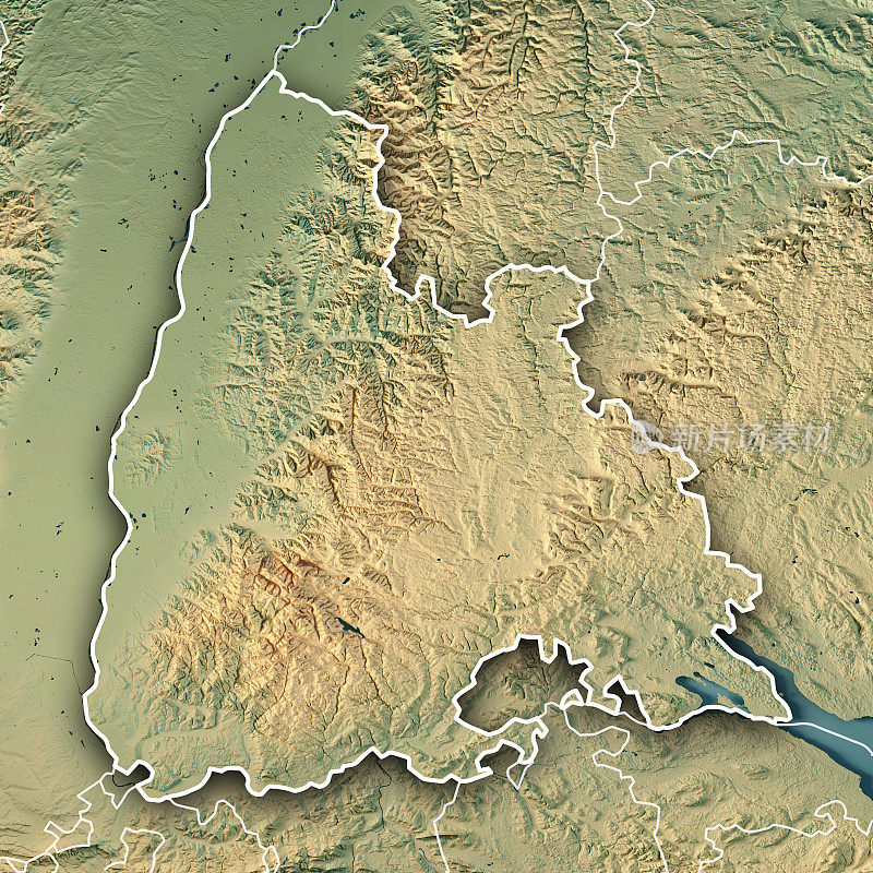 弗莱堡行政区Baden-Württemberg三维渲染地形图边界