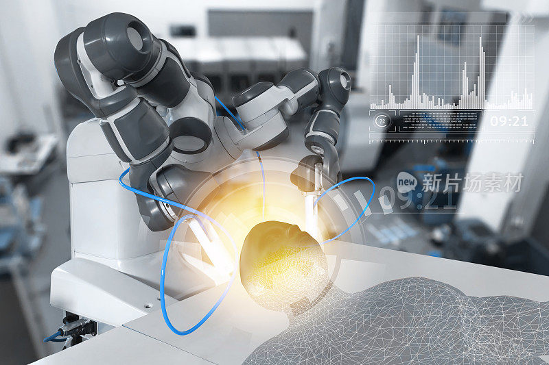 工业4.0，工业物联网概念。重型自动化无线机器人手臂在高科技未来智能工厂背景下构建机器人人与图形。闪光效果。