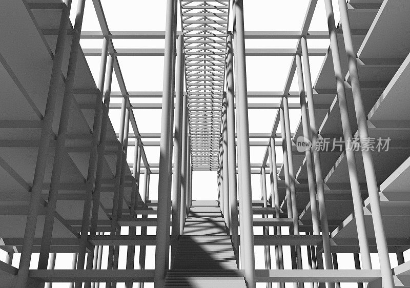 多层中庭有柱子和楼梯。开放空间内部。现代建筑的黑白3D渲染。