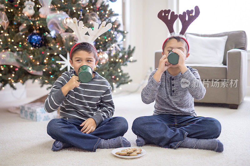 两个小男孩坐在圣诞树前，头上戴着驯鹿角，手里拿着热巧克力杯。