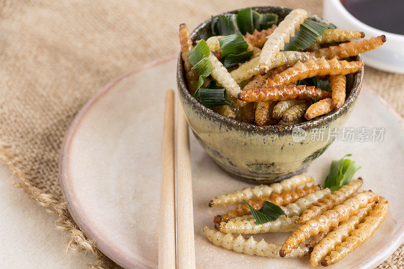 食物昆虫:竹虫(竹毛虫)虫炸酥脆的食物，用筷子和酱料放在盘子上吃，是很好的蛋白质来源，为未来的食物概念。